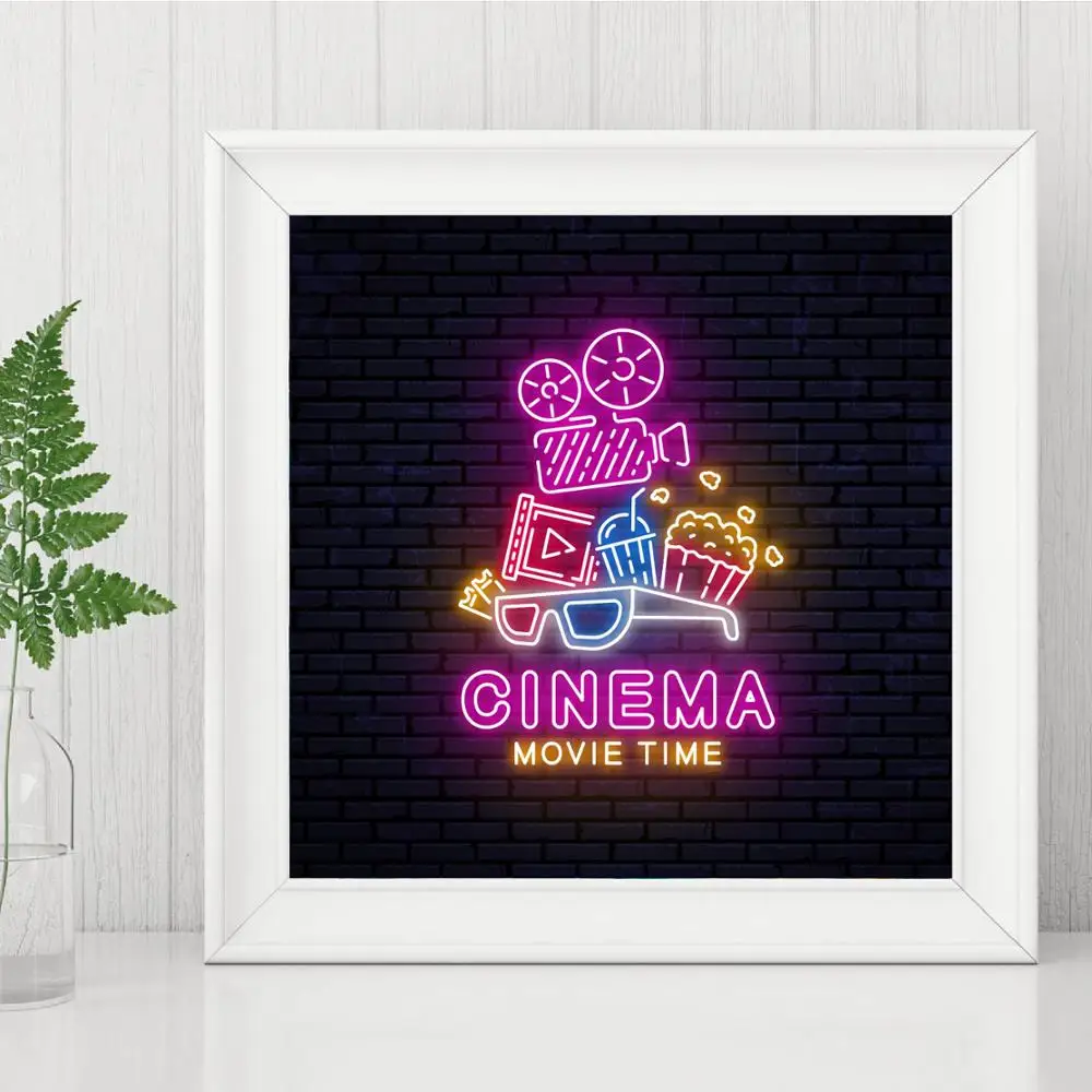 Bright Neon Sign Poster Cinema Wall Art Canvas Painting Cinema Movie Time Popcorn Wall Picture Print Home Theater Art Decor