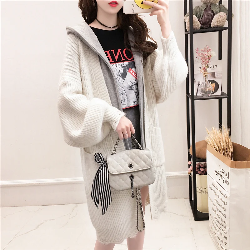 Hooded Casual Sweater Coat Women New Autumn Cardigan Knit Coat Female Long Horn buckle Loose Coat Sweater Outerwear AN056