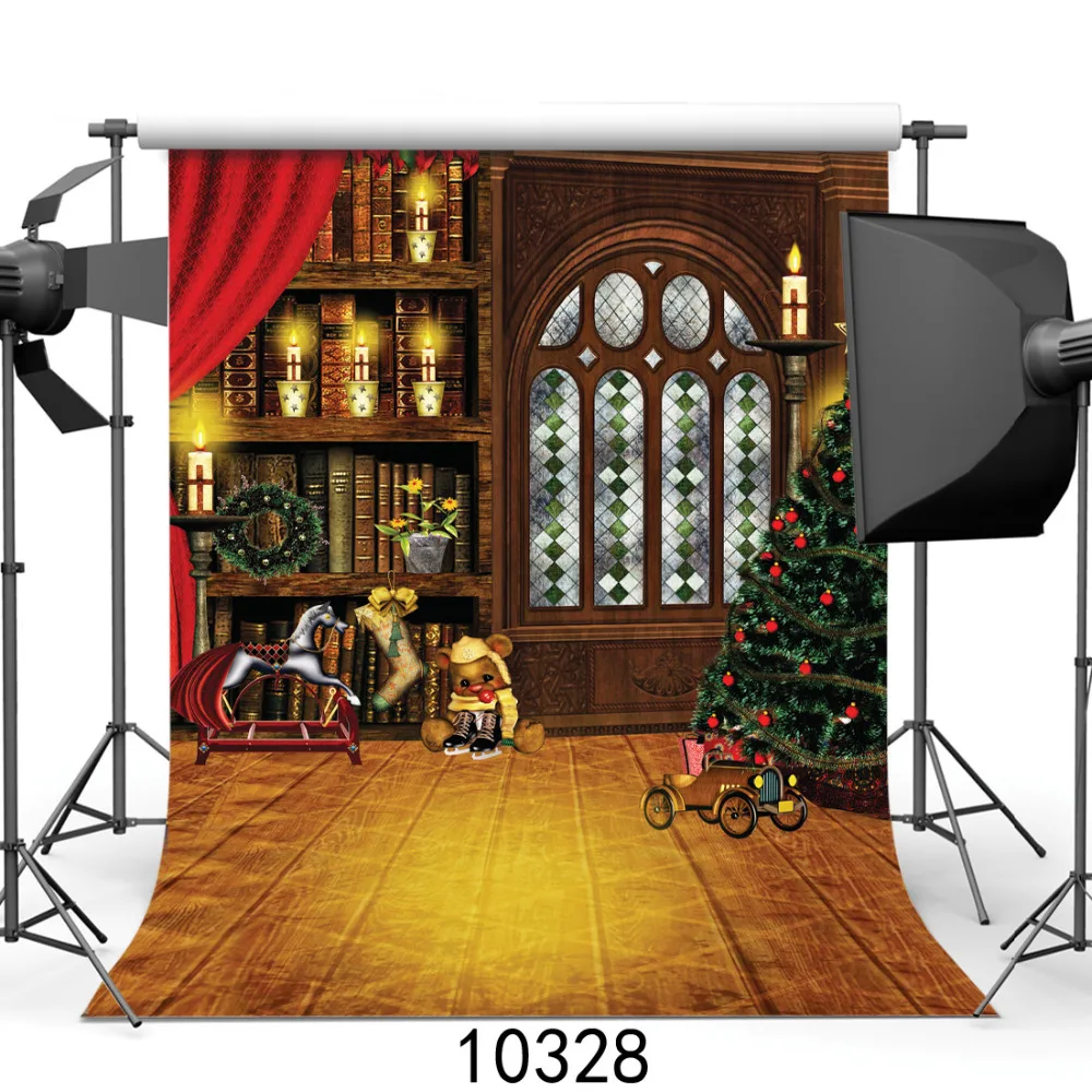 

Bookshelf Toys Christmas Tree Photography Background for Photo Studio Computer Printed Vinyl Photographic Backdrop for Children