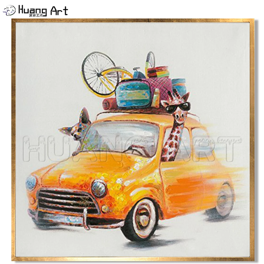 

Hand-painted High Quality Modern Cute Animal Oil Painting for Room Decor Giraffe and Dog Drive Car with Luggage Wall Painting