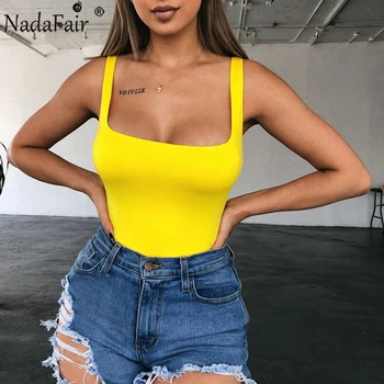 Nadafair Sexy Off Shoulder Bodysuit Women Summer Square Collar Neon Bodysuit Tops Bodycon Rompers Overall For