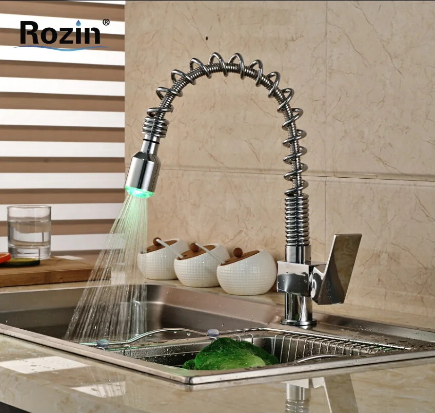 

Polished Chrome LED Light Pull Down/out Kitchen Sink Faucet Single Lever Spring Kitchen Hot Cold Water Mixer Tap