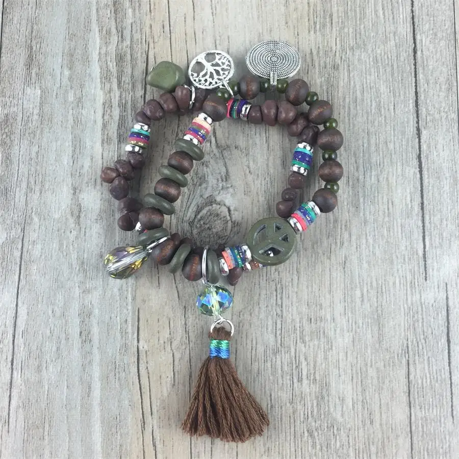 

Ethnic Women's Bracelets Brown Beads Crystal Tassels multi layer Charm Bracelet Statement Ethnic Jewelry