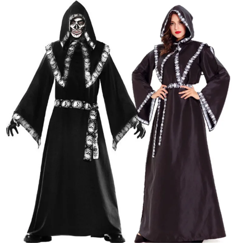 

2018 new Black wizard Witch costume for man women Black ghost Couple Cosplay clothing Halloween terror Scary costumes for Couple