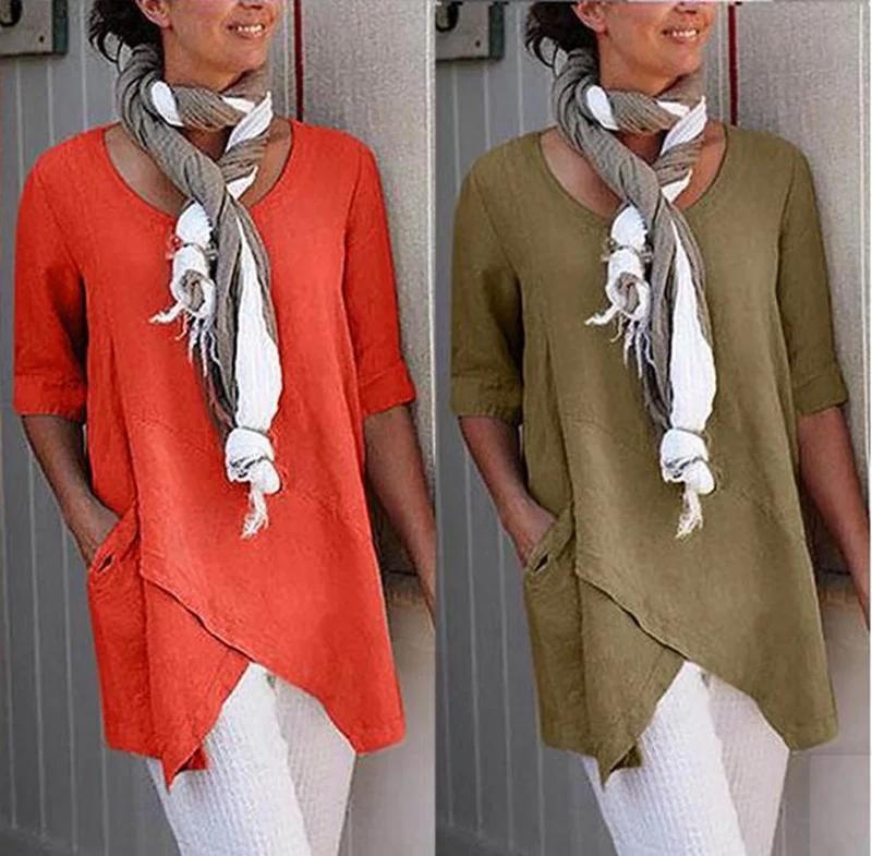 

T Shirt Women Summer Casual Harajuku Style One Buttoned Slant Pockets Irregular Round Neck Linen Sleeves Ladies T-shirt