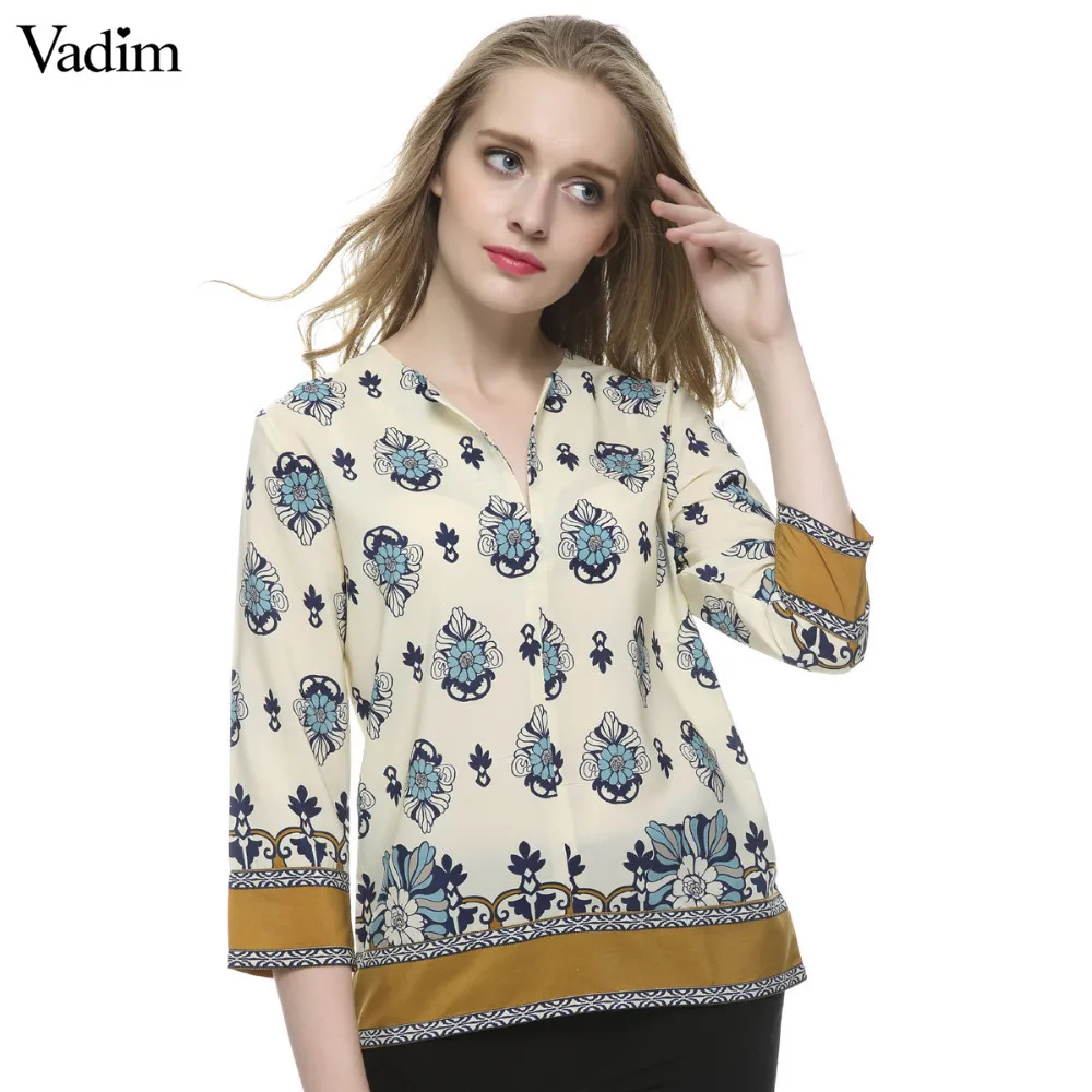 

Women V neck vintage floral blouses three quarter sleeve shirts Blusas Femininas casual office wear tops LT443