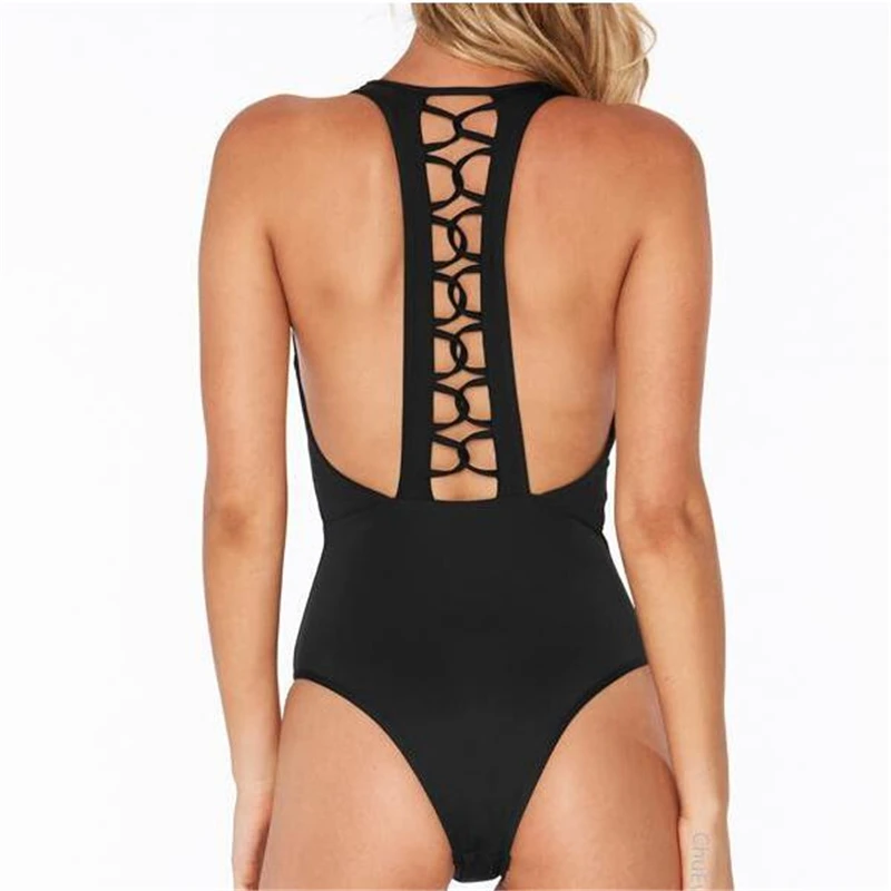 

2018 Vintage monokini cut out sexy hollow out bathing suit solid black one piece swimwear large maillot de bain women beach wear