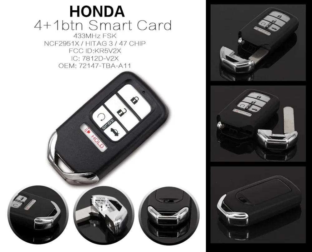 For Honda CIVIC CR-V 2016 2017 2018 2019 5 Buttons 433MHz NCF2951X / HITAG 3 / 47 CHIP Keyless Go / Entry Car Key 72147-TBA-A11