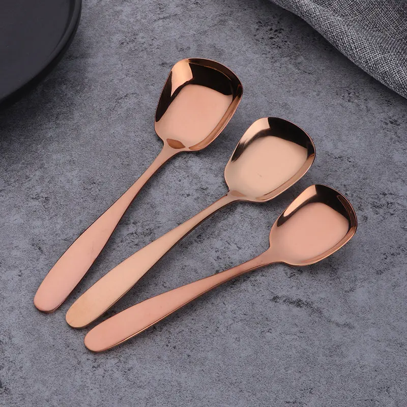 Rose Gold-3sizes 3 шт./компл. ложки с плоским дном 18/8 из нержавеющей стали квадратный дизайн салатные столовые приборы Десертные Ложки для супа 3 размера благородные столовые приборы - Цвет: Rose Gold-3sizes