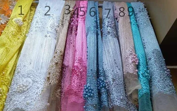 

BZL-25689 pearl rhinestone nice luxury embroidery tulle mesh lace fabric for wedding dress/evening dress