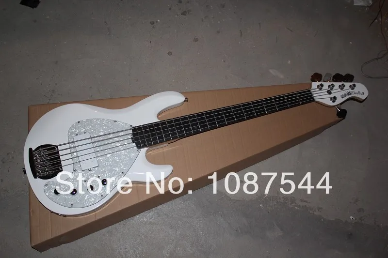 

Free Shipping Hot Selling Ernie Ball Musicman Music Man Sting Ray 5 Strings 9V Active Pickup white Electric Bass Guitar