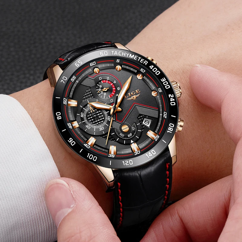 LIGE Mens Watches Top Brand Luxury Quartz Watch Gold Men Casual Leather Military Waterproof Sport Wristwatch Relogio Masculino
