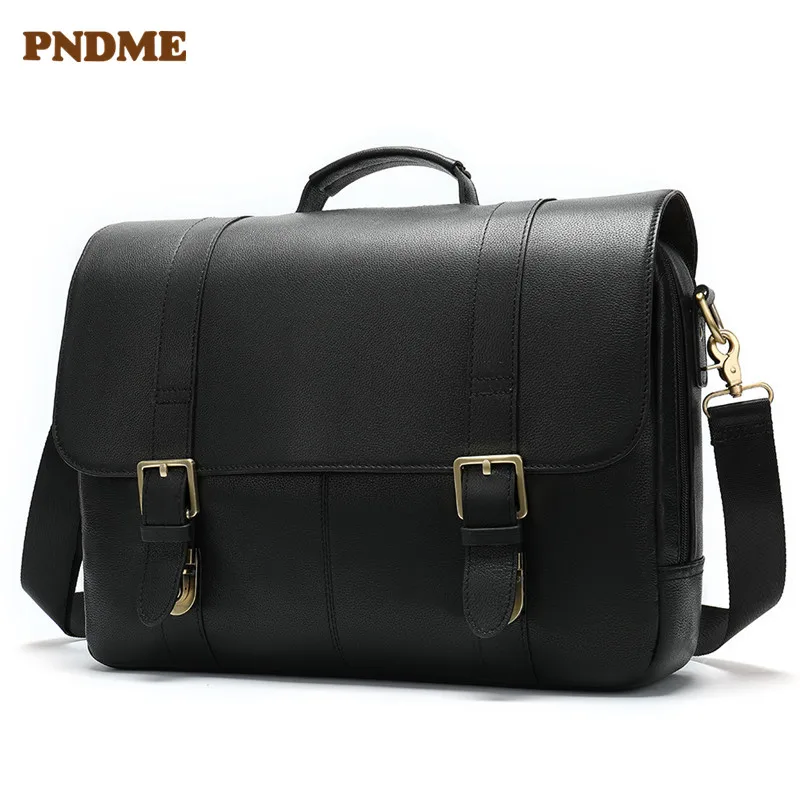 

PNDME Business Men's genuine Leather One Shoulder Bag 14 Inch Notebook Crossbody Bags Multifunction Portable Briefcase