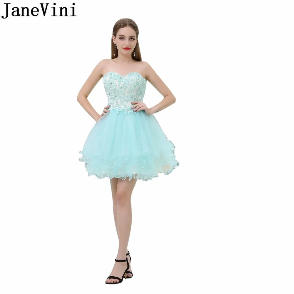 JaneVini/2019 платья для выпускного вечера ярких цветов, Короткое мини-вечернее платье украшенное бусами кружевное, с аппликациями, из тюля