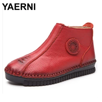 

YAERNI Vintage Style Genuine Leather Women Boots Flat Booties Soft Cowhide Women's Shoes Zip Ankle Boots Warm Winter Shoes