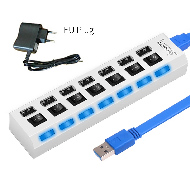 Rosinop мини мульти usb-хаб 3,0 4 7 портов USB разветвитель переключатель hab 2,0 usb-хаб с адаптером питания компьютер ПК Аксессуары - Цвет: 7 Ports 3.0 white EU