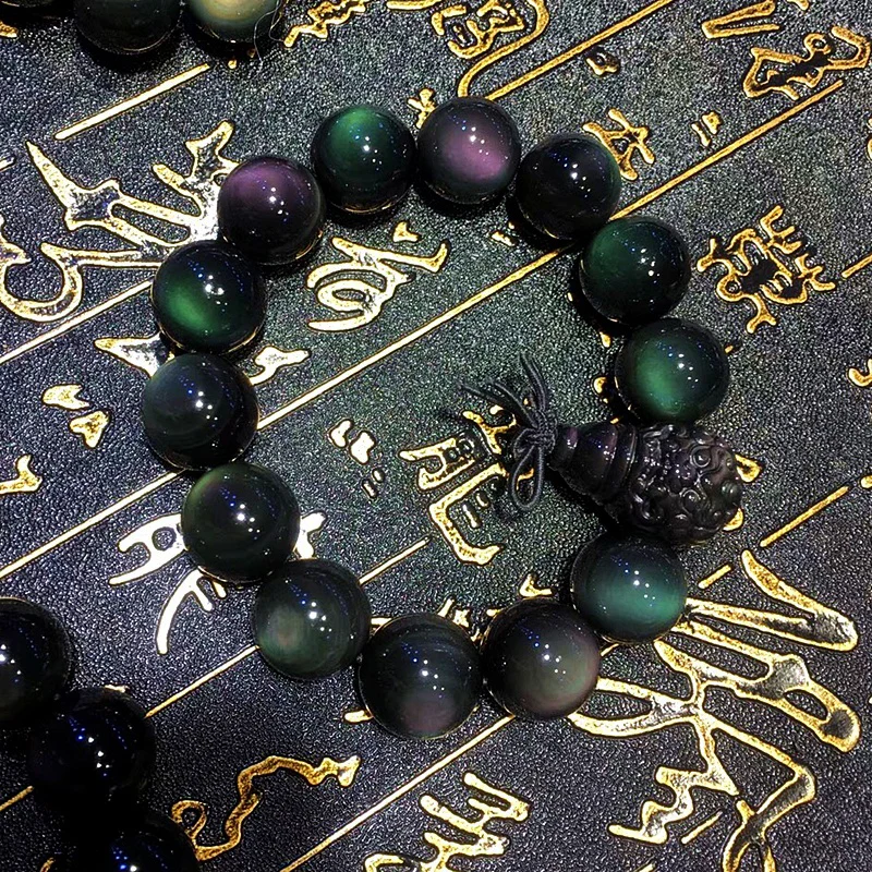 

Rainbow Eye Obsidian Bracelet Single Circle Beads Men Women Couples Bracelets Three Passes New pixiu Jewelry Strand Bracelet