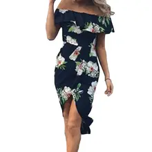 Women Sexy Off Shoulder Ruffle Midi Slim A-Line Dress Boho Floral Wrap High Split Side Evening Party Irregular dress Women Sexy Off Shoulder Ruffle Midi Slim A-Line Dress Boho Floral Wrap High Split Side Evening Party Irregular dress