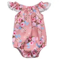 2018 Лидер продаж для маленьких девочек комбинезон Лето новорожденного для маленьких девочек s Кружево рукав цветочный розовый комбинезон
