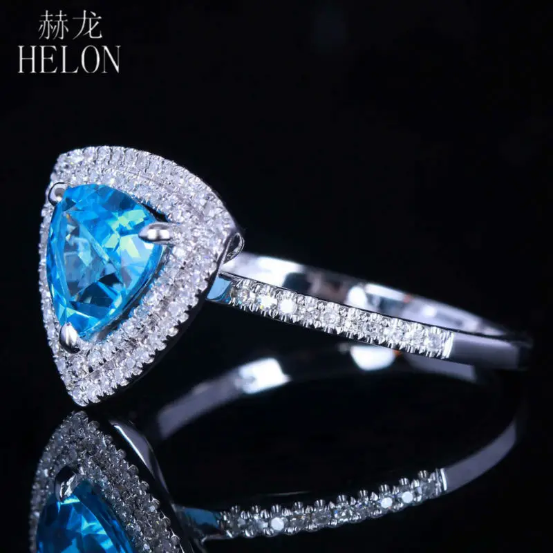 HELON 7x7 мм триллион 1.5ct Голубой топаз кольцо Твердое 14 к белое золото тонкие Алмазы обручальные свадебные кольца красивые ювелирные изделия