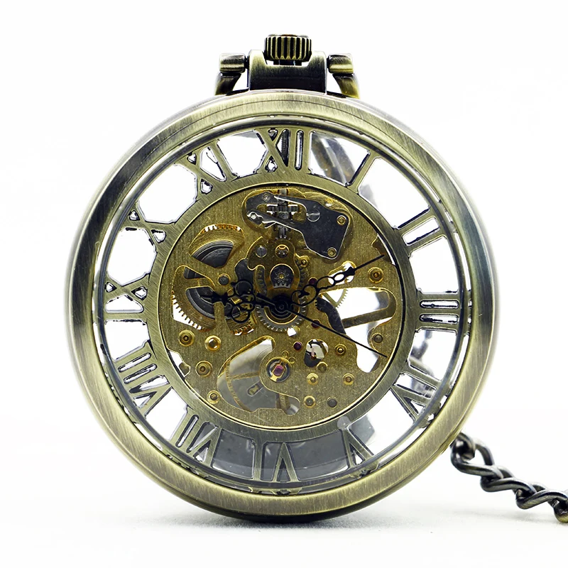 Vintage Skeleton Automatic Mechanical Pocket Watch Pendant Chain Mens Giftsin Pocket & Fob