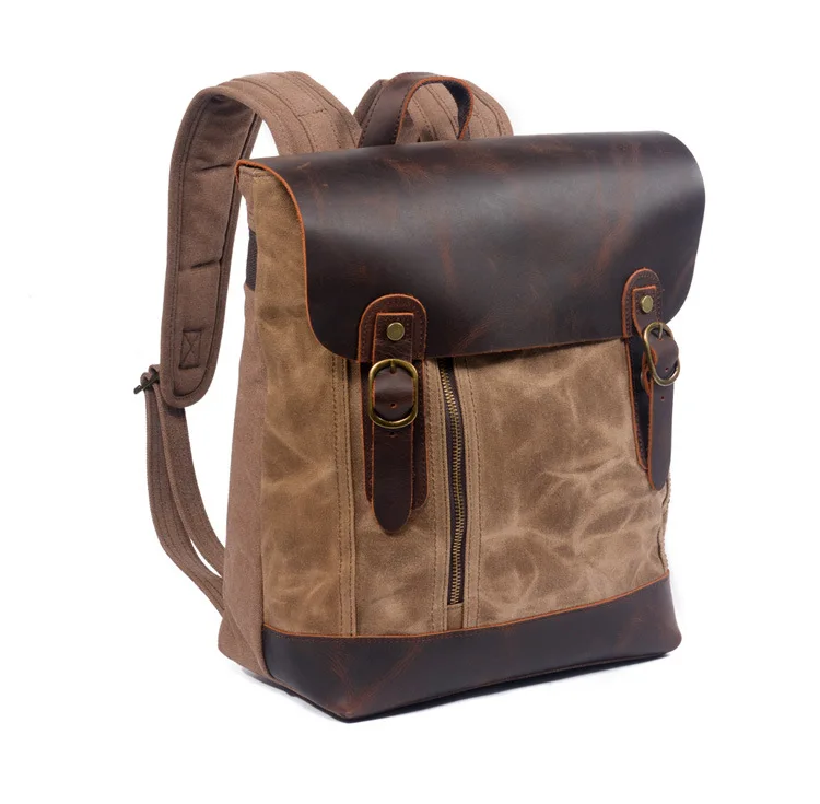 FRONT DISPLAY of Woosir Vintage Leather and Waxed Canvas College Backpack