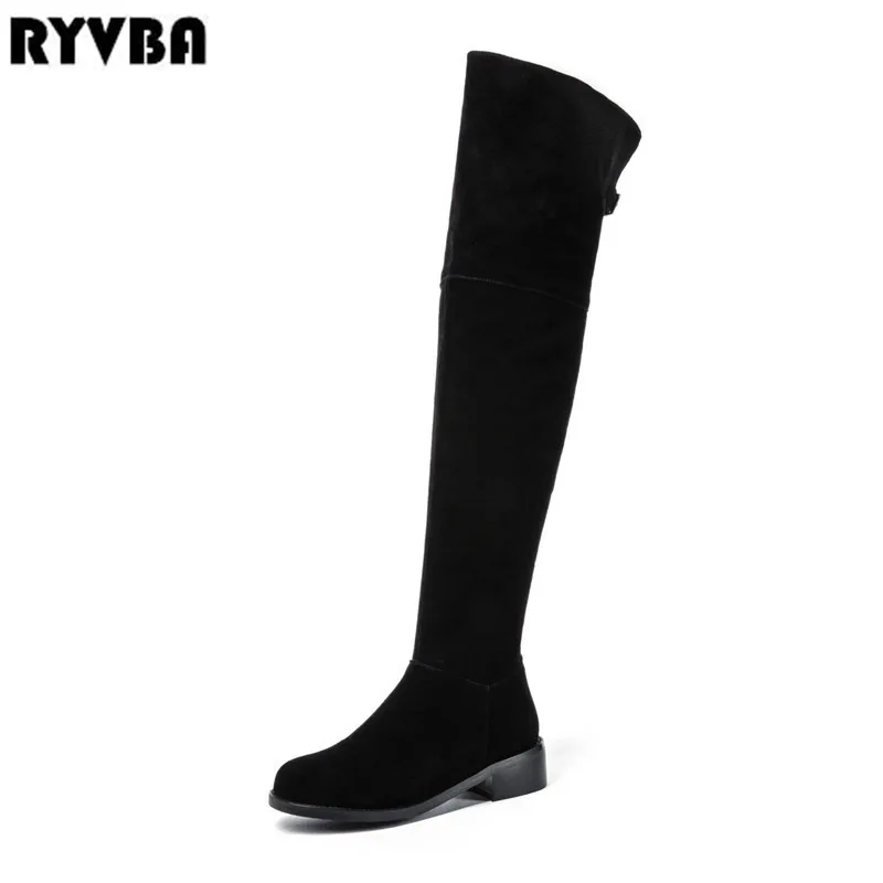 

RYVBA 2019 woman suede genuine leather thigh high boots women autumn winter over the knee boots womens square heels black shoes