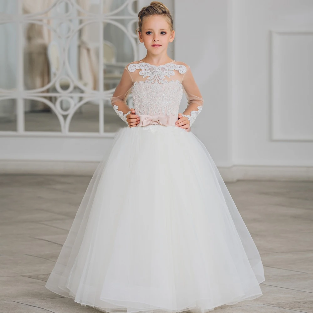 

2017 New Flower Girl Dresses Long Sleeves O-neck Back Sheer Tulle Ball Gown Kids Prom Evening Party Communion Dresses Vestidos