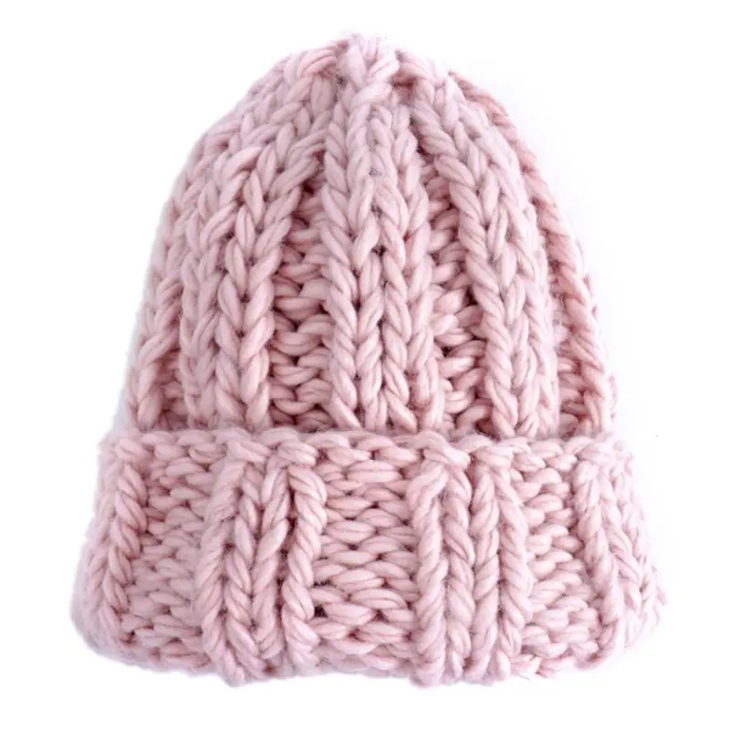 Light Pink Женская шапка карамельного цвета с громоздким переплетением крючком, зимняя шапка с манжетами, утолщенная вязаная шапка в рубчик, мешковатая шапка с ушками - Цвет: Light Pink