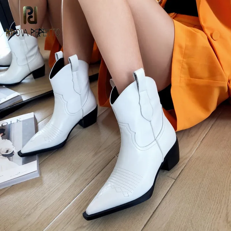

Prova Perfetto Women Ankle Boots Pointed Toe High Heels Slip On Western Boots Genuine Leather Cowboy Boots For Women Short Boots