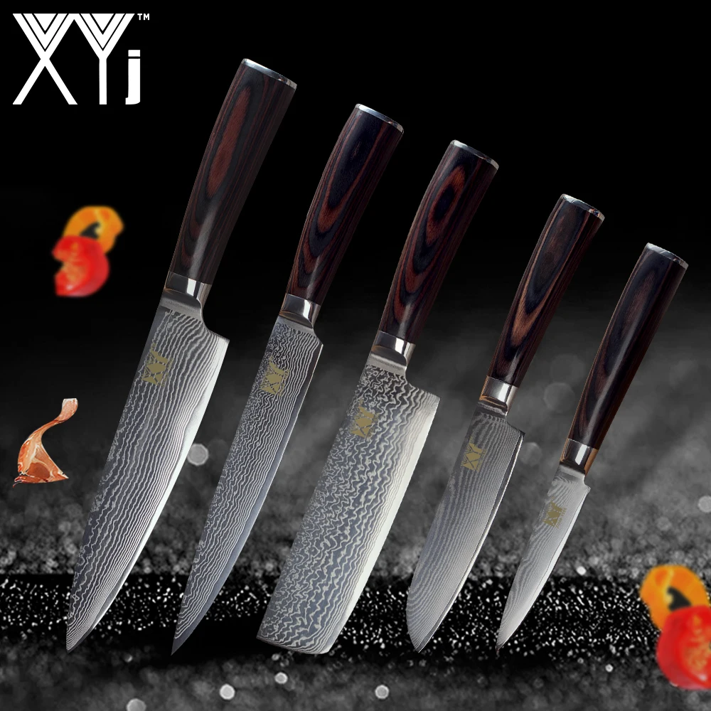 

XYj Damascus Kitchen Knives New Arrival 2019 Color Wood Handle 5 Pcs Set 73 Layers VG10 Japanese Steel Blade Cooking Knives