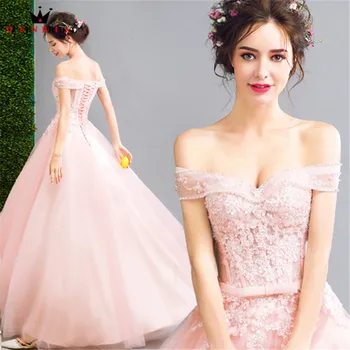 

QUEEN BRIDAL Evening Dresses Ball Gown Pink Lace Beading Long Party Dress Evening Gowns 2020 New Vestido De Festa JW08