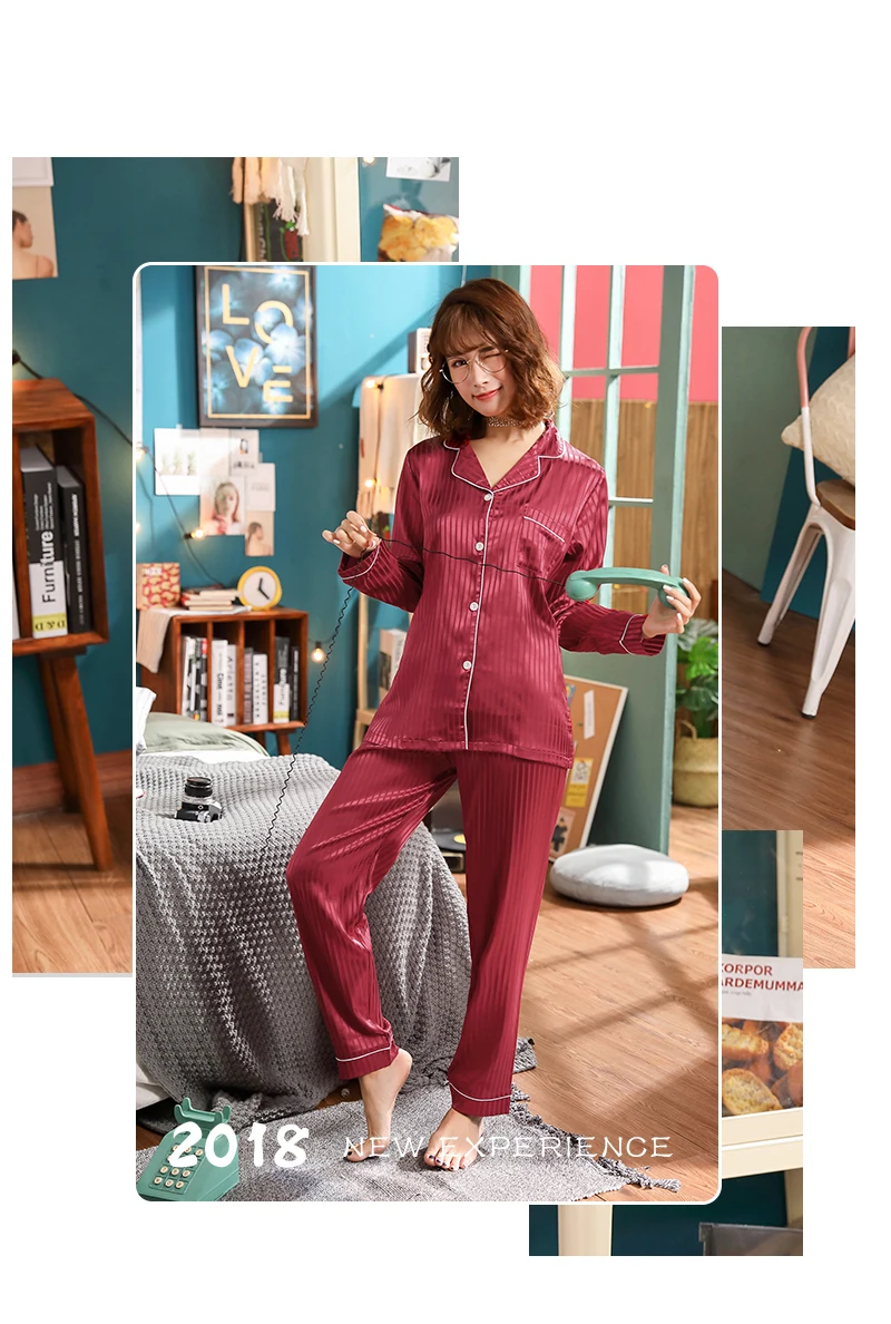 Женская ночная рубашка, наборы WAVMIT, женский Шелковый пижамный комплект, для девочек, однотонные полосы, пижамный комплект, пижама с длинным рукавом, Женский Топ, длинные штаны