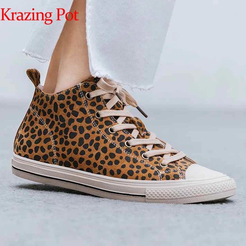 

krazing pot full grain leather leopard print women winter round toe flat platform Korean fashion elegant casual ankle boots L90