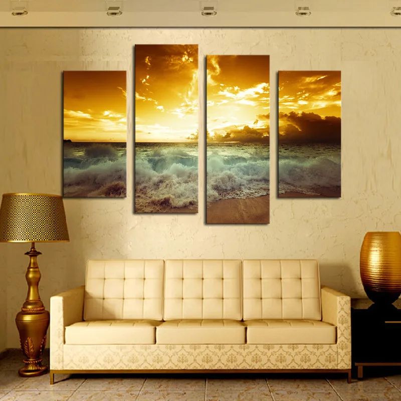 

Angel's Art 4pcs/Set Unframed Stormy Waves In The Sunset Landscape Print Home Decor HD Canvas Painting