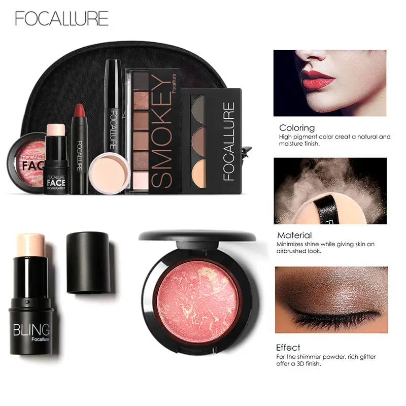 

FOCALLURE profesional Mak kit Mascara Lipstick pen eye shadow Powder Blush Concealer Storage bag make up set base Cosmetics