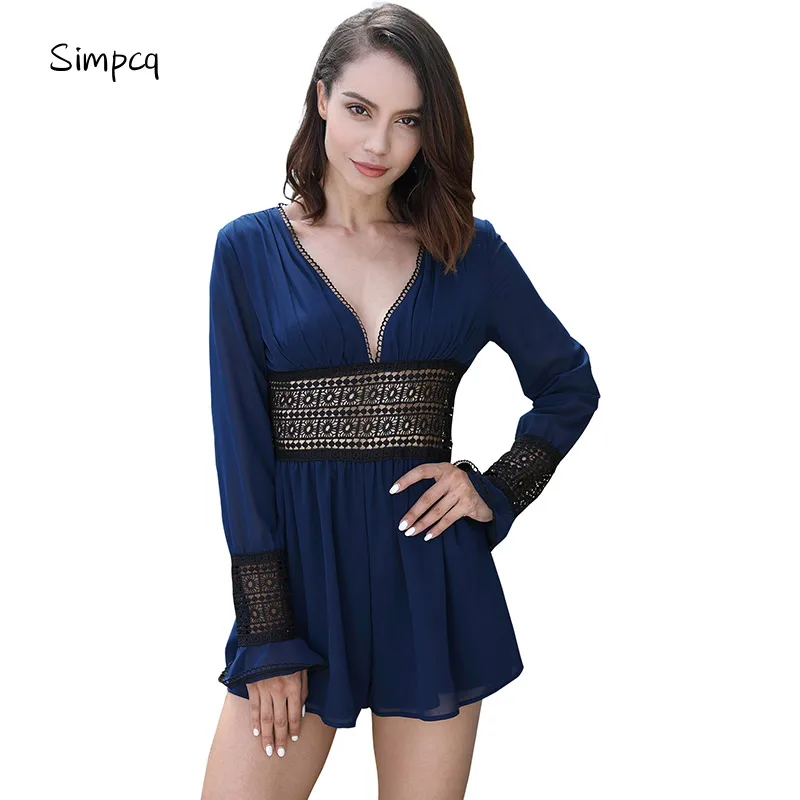 Simpcq Sexy V-Neck Summer Stylish Women's Jumpsuit Chiffon Hollow Out Black Short Playsuit Elegant Flare Long Sleeve Overalls 