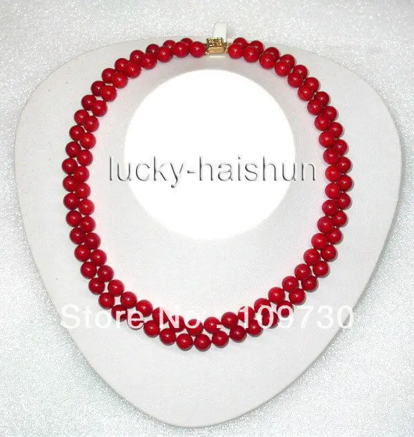 

Jewelry 0011907 crude 2rows 18" 8mm round red coral bead necklace
