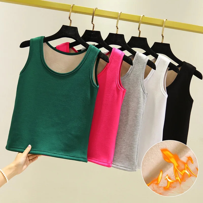 

Autumn Solid All Match Camis Women Winter Tanks Warm Velvet Thicken Tank Female Bottoming Vest Short Tops Plus Size AB1535