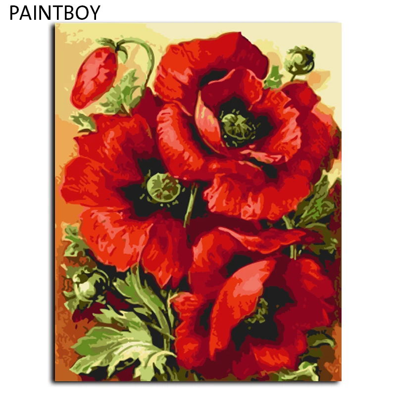 

PAINTBOY Red Flower DIYFramed Pictures Painting By Numbers DIY Digital Canvas Oil Painting Home Decor GX7662 40*50cm