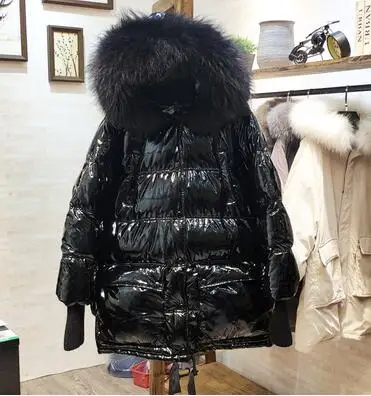 Женская зимняя куртка-пуховик из меха енота с гусиным пухом, длинная теплая бархатная парка с ярким лицом, женский пуховик с капюшоном - Цвет: Black fur collar