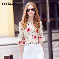 Yeyelana женские Повседневное блузки 2019 новый летний шифоновая блузка с принтом с круглым вырезом рукава-клеш Винтаж Блузка женские