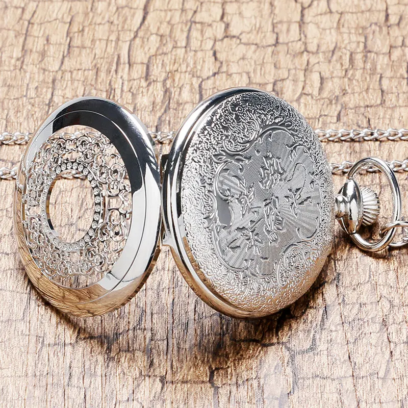 Retro Hollow Silver Tone Quartz Pocket Watches Women Men Watch Necklace Pendant with Chian 2018 High 5