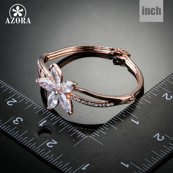 AZORA Rose Gold Color Five Petals Flower Cubic Zirconia Charm Bangle Bracelet TB0057