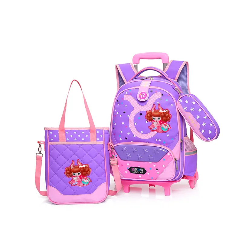 Для девочек; с изображением созвездий для школьная сумка на колесиках с 3 колеса с изображением мультипликационных персонажей для детей школьная сумка милые дети колесных сумки 2 шт./компл - Цвет: purple