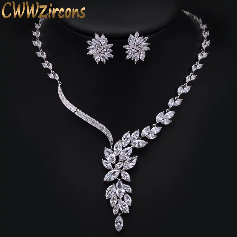 CWWZircons великолепные капли цветок кубического циркония проложили роскошный свадебный костюм ожерелье ювелирные комплекты для невест T048 - изображение