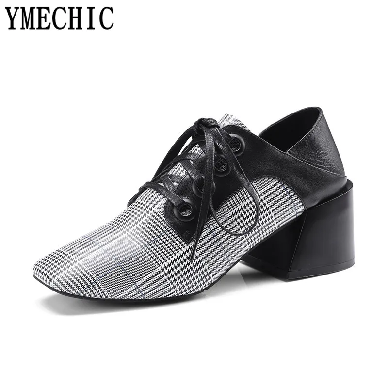 Cuir Véritable Chunky Talon Automne Réel Plaid Femme Haute Bloc Taille Plus Carré Noir Up Chaussures 2018 Ymechic 42 Dentelle Dame Pompes Bout En P8Y6n