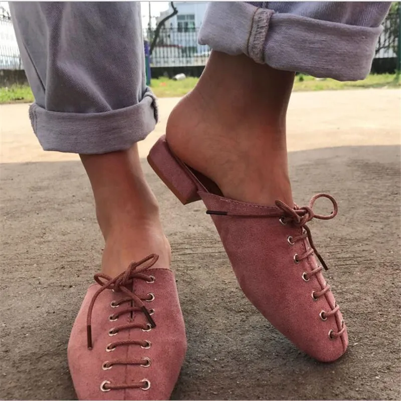 

2019 Spring Mules Women Outside Low Square Heels Butterfly-Knot Slip On Square Toe Solid Slippers Ladies Shoes