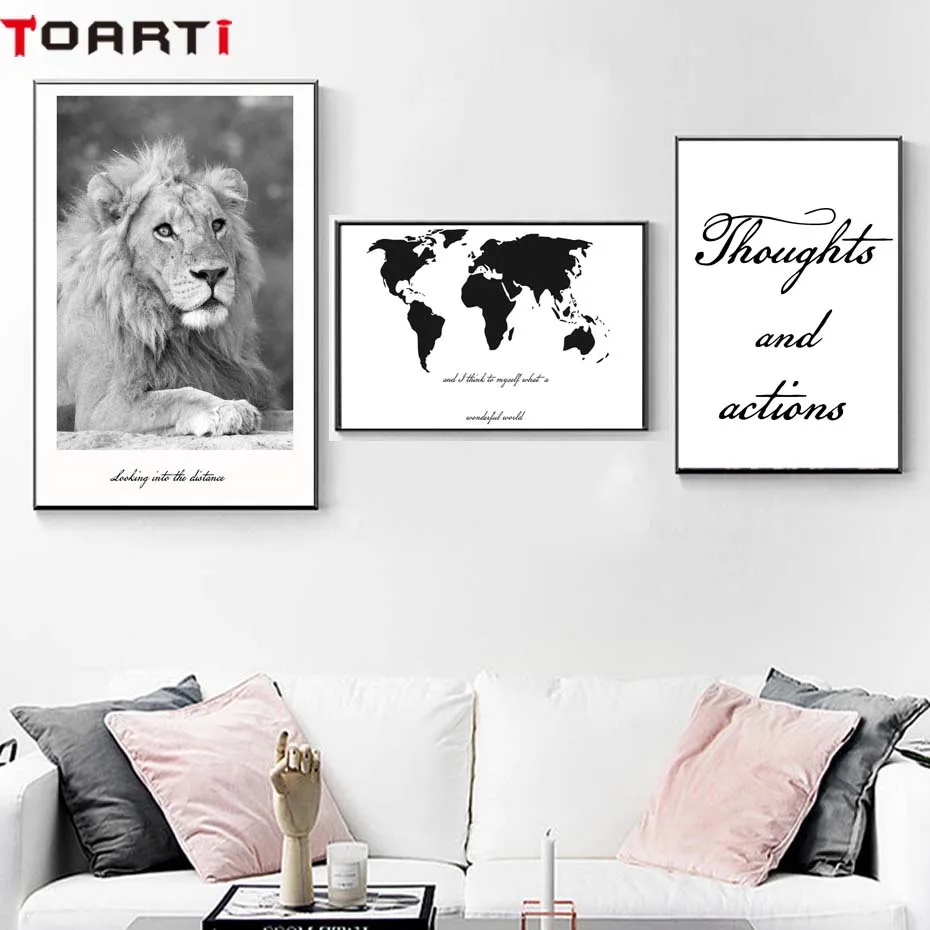 Thouht And Action Travel World Map Black&White Poster Canvas Painting For Bedroom Modern Wall Art Print Mural Picture Home Decor