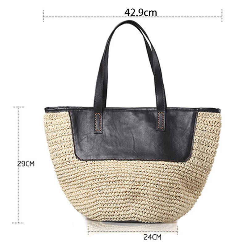 

Straw Tote Handbags For Women Beach Bags Woven Straw Purses Shoulder Bags For Girls Summer Outfits, Khaki And Black
